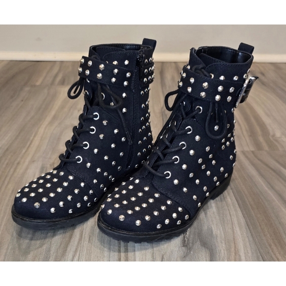 GB GIRLS Black Studded Lace-Up Combat Boots, Size 7 - Picture 1 of 8
